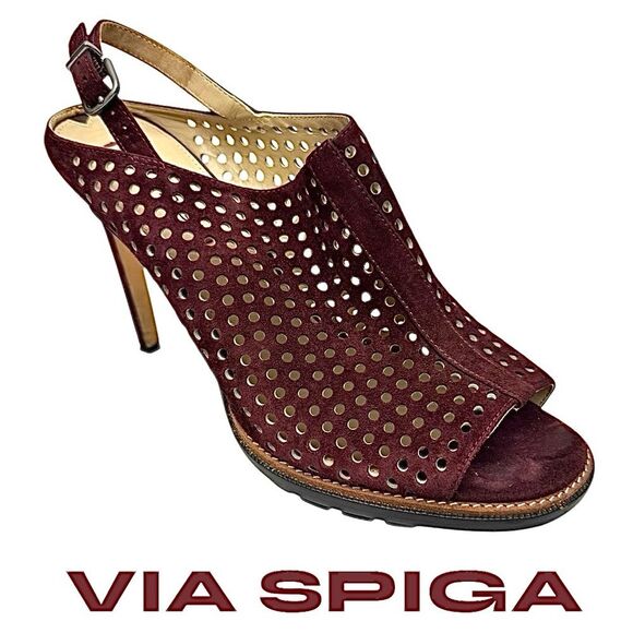 Via Spiga Tasa Burgundy Suede Peep Toe High Heel Shoes Size 10 Medium Pre-Owned - Picture 1 of 11
